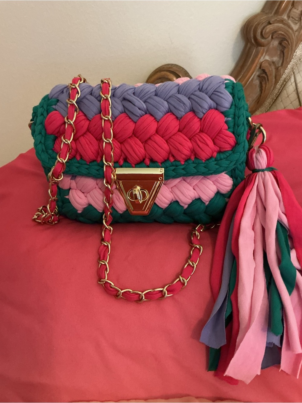 Woven Multicolor Chain Shoulder Bag - Fuchsia , Green & Purple Tassel